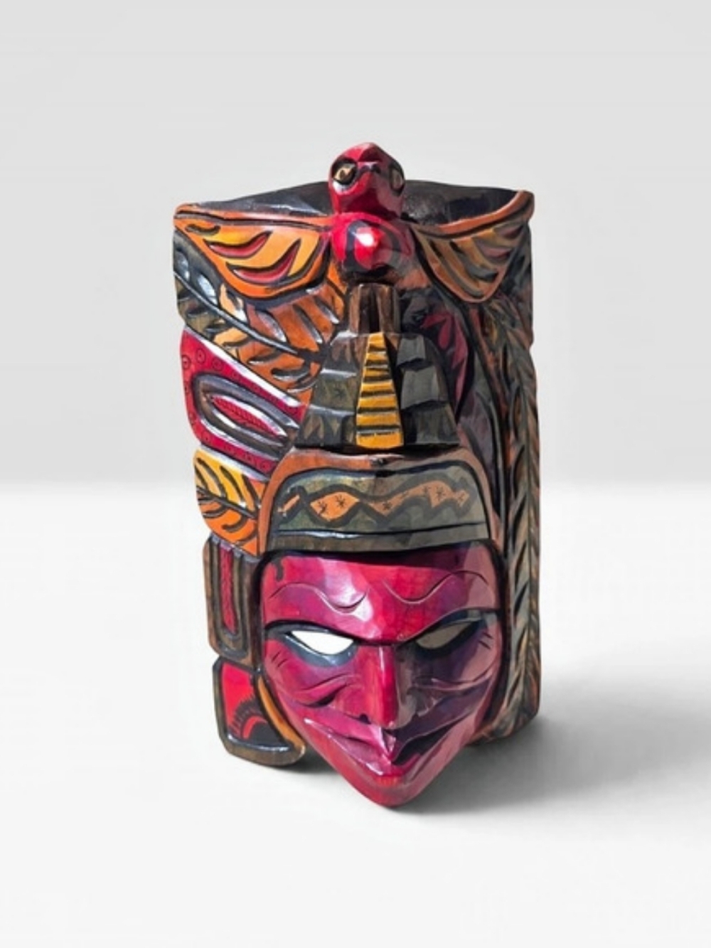 Vtg Hand Carved Wooden Mayan Aztec Warrior Mask Wall Art